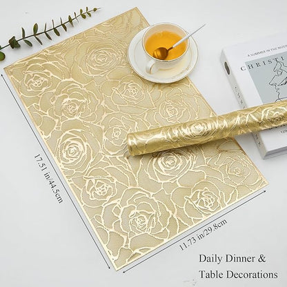 Gold Placemats Set of 6 Rectangle Pressed Vinyl Metallic Flower Place Mats Hollow-Out Rose Heat Resistant Waterproof Oil-Proof Table Mats Decorative for Kitchen Table Holiday Wedding Party Decor