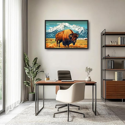 Bison Cow Large Decor Framed Wall Art Western Mountain Pictures for Living Room, Animal Oversized Canvas Print Painting Modern Extra Large Framed Artwork for Bedroom Office Home Decor 36"x24"