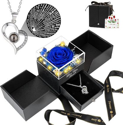 Preserved Blue Real Rose with I Love You Necklace -Eternal Flowers Rose Gifts for Mom Grandma Wife Girlfriend Gifts for Her Christmas Birthday Anniversary
