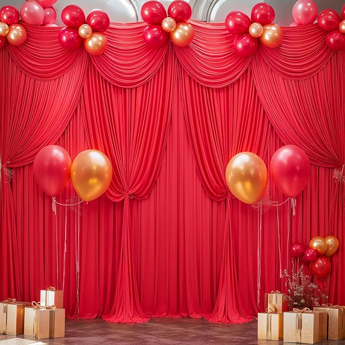 Red Backdrop Curtains 6 Panels-Wrinkle-Free Polyester Photography Drapes Party Photo Backgrounds for Wedding Christmas Photo Backdrops- 24 X10FT (Red)