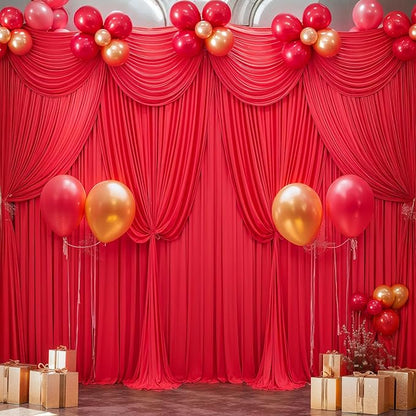 Red Backdrop Curtains 4 Panels-Wrinkle-Free Polyester Photography Drapes Party Photo Backgrounds for Wedding Christmas Photo Backdrops- 16 X10FT (Red)