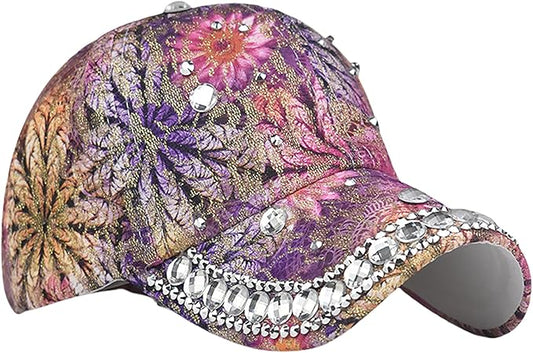 Bling Baseball Caps for Women, Rhinestone Summer Flower Baseball Hat, Adjustable Spring Fall Denim Sequin Jean Hat