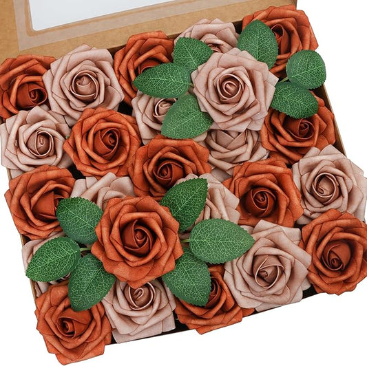 50pcs Artificial Flower，Real Touch Foam Roses w/Stem DIY for Wedding Bouquet Centerpieces Party Shower Home Decor-Burnt Orange Taupe
