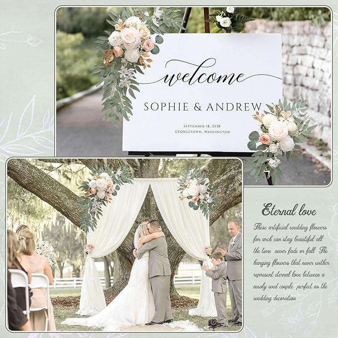 Faux Flower Swag Set of 2, Champagne Artificial Flowers Swags for Wedding Arch, Wedding Welcome Signs, Welcome Reception Ceremony Signs Decorations