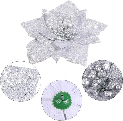Boao 24 Pieces Glitter Poinsettia Artificial Christmas Flowers Poinsettia Decorations Wedding Christmas Tree Ornaments, 3/4/6 Inches (Silver)
