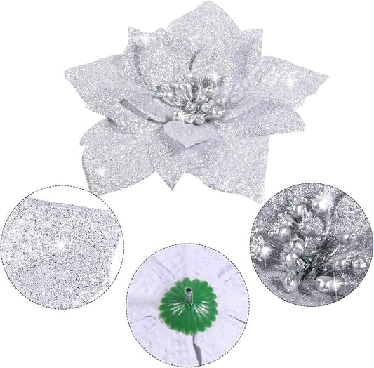 Boao 24 Pieces Glitter Poinsettia Artificial Christmas Flowers Poinsettia Decorations Wedding Christmas Tree Ornaments, 3/4/6 Inches (Silver)