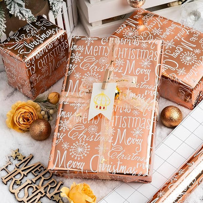 MAYPLUSS Foil Christmas Wrapping Paper - 17 Inch X 33 Feet - Girly Rose Gold MERRY CHRISTMAS Script and Snowflake Girl Winter Gift Wrap Present Paper Roll for Christmas, Holiday, Festive Decoration