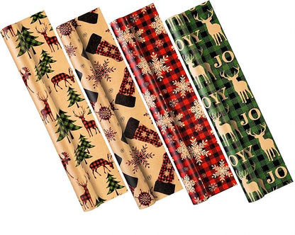 Christmas Wrapping Paper, Holiday Kraft Gift Paper (4 Rolls: 148 sq. ft. ttl) - Red/Green and Black Plaid Grid Patterns, Stockings Snowflakes Pine Tree and Reindeer - 30 inches x 14.8 feet Per Roll