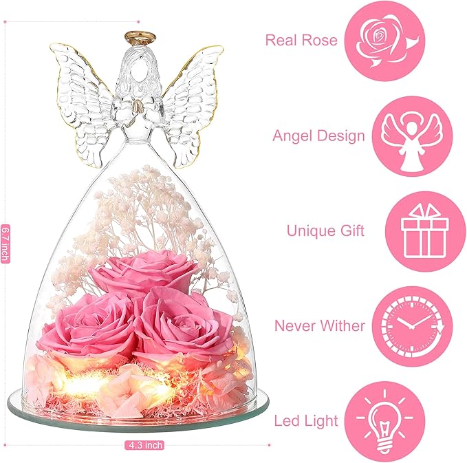 Christmas Rose Gifts for Women Preserved Real Flower in Glass Angel Figurines Roses for Delivery Prime Birthday Gifts for Mom Grandma Girlfriend Wife Her, Sweet Pink