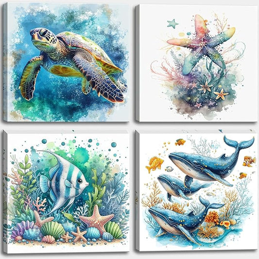 dgbtcart Ocean Bathroom Wall Art Watercolor Sea Turtle Starfish Whale Canvas Pictures Beach Coastal Prints Painting Marine Life Artwork for Living Room Bedroom Decorations 12"x12"x4pcs