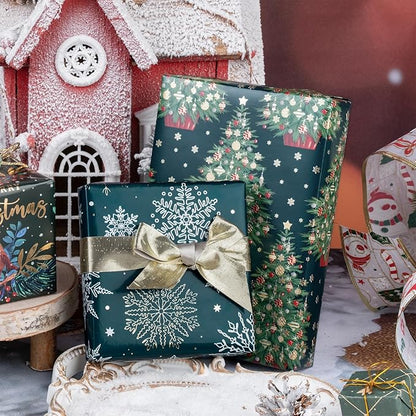 WRAPAHOLIC Christmas Wrapping Paper Roll - Mini Roll - 3 Rolls - 17 Inch x 120 Inch Per Roll - Green Christmas Tree and Snowflake Holiday Design with Metallic Foil Shine
