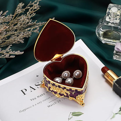 Hipiwe Decorative Jewelry Box Purple Vintage Jewelry Storage Case with Rose Pattern Heart Shaped Treasure Chest Box for Earrings Ring Necklace Keepsake Organizer