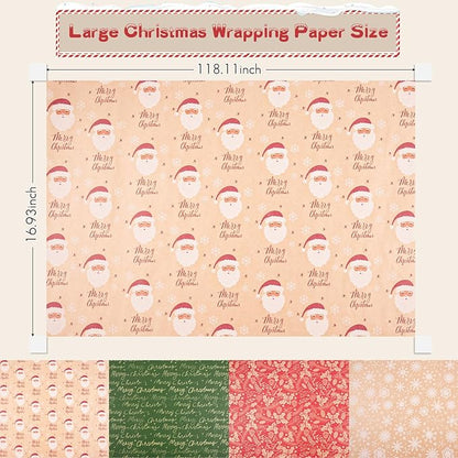 Happypapa Christmas Wrapping Paper, Kraft Xmas Wrapping Paper Rolls - Santa Claus, Trees, Snowflakes and Merry Christmas Pattern - 4 Rolls - 17 Inch × 120 Inch Per Roll