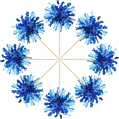 Gyufise 30Pcs Foil Firework Cupcake Toppers Happy Birthday Cake Toppers Sparkle Tinsel Flower Drink Stirrers Cocktail Food Fruit Toothpicks for Valentine's Day Party Supplies Blue