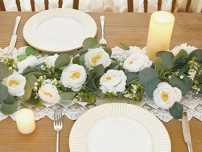 4 Pack Artificial Eucalyptus Flower Garland with White Roses, Faux Floral Greenery Garland Fake Flower Vines for Wedding Party Centerpiece Table Runner Arch Party Backdrop Decor (4PCS, White)