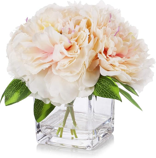 ENOVA HOME Silk Peony Flowers Arrangements in Cube Glass Vase with Faux Water for Home Table Wedding Centerpiece Decoration (Peach)