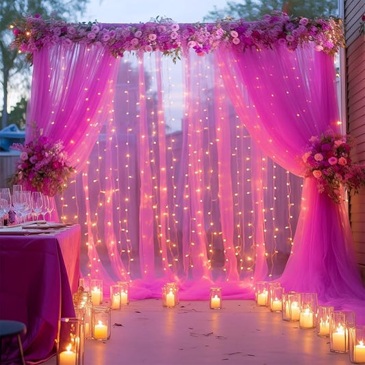 10×10ft Hot Pink Tulle Backdrop Curtain with Lights String for Parties, Sheer Photo Backdrop Curtains for Wedding Party Photography Background