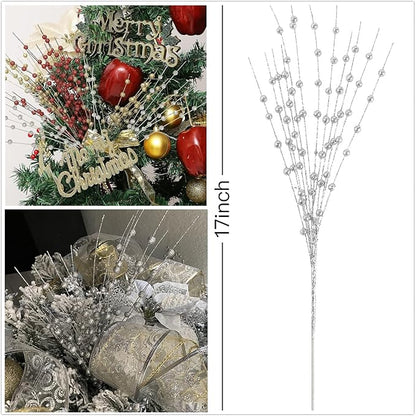 Artificial Berries Stems Ornaments 17 Inch, Sparkling Christmas Tree Picks, Glittery Berry Stems Fake Plant Picks and Branches for Xmas Wreath Ornaments Holiday Home DIY Decor - Silver 10 Pack