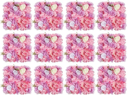 12Pcs Artificial Flower Wall Panel,3D 15" X 15" Silk Rose Mat Artificial Flower Wall,Decorative Backdrop Flower Panels Wall for Wedding Party Stage Baby Shower Decor (White,Pink,Purple)