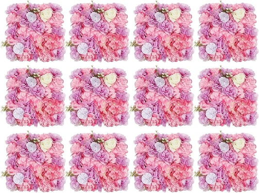 12Pcs Artificial Flower Wall Panel,3D 15" X 15" Silk Rose Mat Artificial Flower Wall,Decorative Backdrop Flower Panels Wall for Wedding Party Stage Baby Shower Decor (White,Pink,Purple)