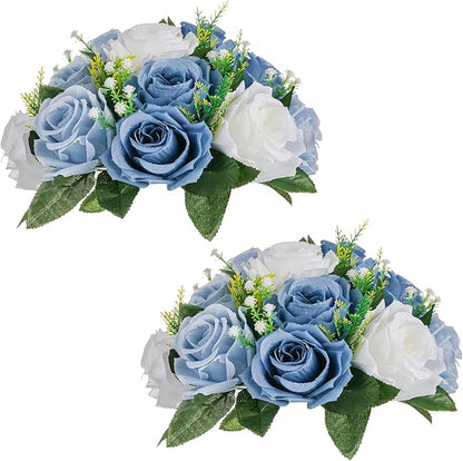 NUPTIO Wedding Floral Centerpieces for Tables: Dusty Blue & White Fake Flower Ball for Weddings Party - 2 Pcs Artificial Rose Arrangements for Birthday Bridal Shower Decorations