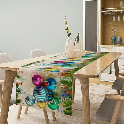 Christmas Table Runner,Colorful Balls Xmas Tree Snowflake Pattern Print Tablecloth Burlap for Hotel Indoors Outdoor Dining Room Kitchen Home Decor,W13X L70 in