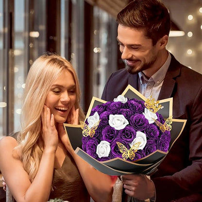 36+20 Glitter Roses Bouquet, DIY Fake Flowers Bouquet, Craft the Initials of Your Loves' Name with Artificial Rose for Valentines, Anniversary, Wedding, Mothers Day Gifts, Purple & White