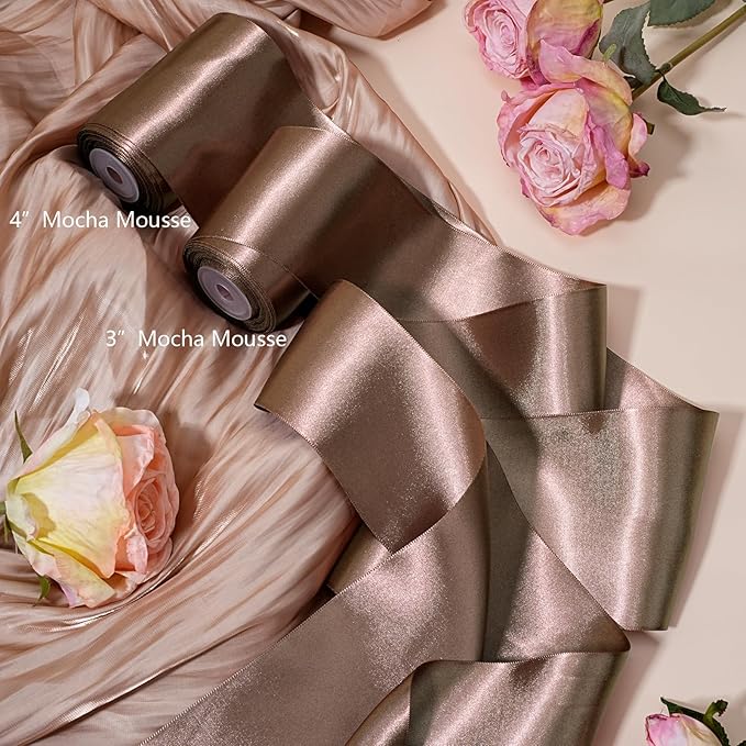 LaRibbons Brown Satin Ribbon 3 Inch 10 Yards Double Faced Luxury Mocha Silk Ribbon for Gift Wrapping Flower Bouquets Bow Christmas Wedding Party Decoration