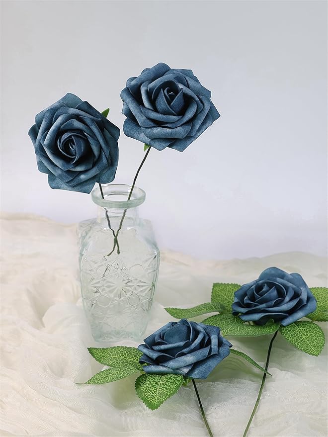 Meldel Artificial Flower Rose 25pcs Real Looking Blue Fake Foam Roses with Stems for DIY Wedding Bouquets Gifts Bridal Shower Faux Floral Centerpieces Arrangements Home Party Tables Decorations