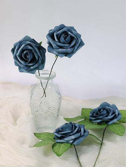 Meldel Artificial Flower Rose 25pcs Real Looking Blue Fake Foam Roses with Stems for DIY Wedding Bouquets Gifts Bridal Shower Faux Floral Centerpieces Arrangements Home Party Tables Decorations