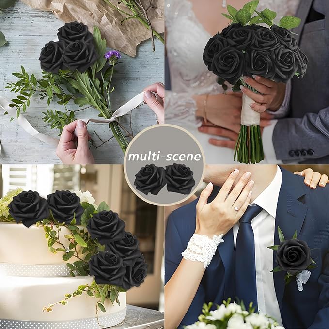 200PCS Black Artificial Flowers Roses Real Looking Foam Fake Roses with Leaves for DIY Wedding Bouquets Bridal Shower Party Decorations (Black, 200)