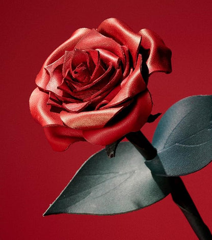 Handcrafted Genuine Leather Rose with Stem, Red, Gift Box Presentation, Lifelike Artisan Flower for 3rd Wedding Anniversary, Mother's Day (Red)