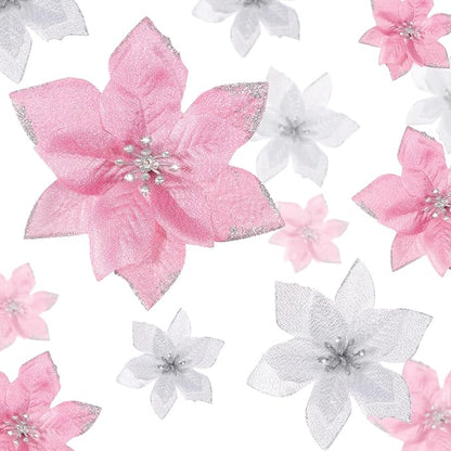WILLBOND 24 Pcs 3 Size Poinsettia Flower Artificial Christmas Decor Glitter Poinsettia Christmas Ornaments Faux Flowers for Xmas Tree Outdoor(3.2/4/6 Inches,Pink and Silver)