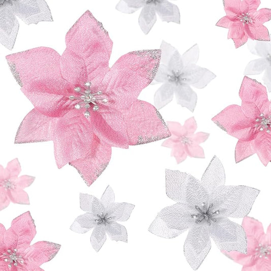 WILLBOND 24 Pcs 3 Size Poinsettia Flower Artificial Christmas Decor Glitter Poinsettia Christmas Ornaments Faux Flowers for Xmas Tree Outdoor(3.2/4/6 Inches,Pink and Silver)