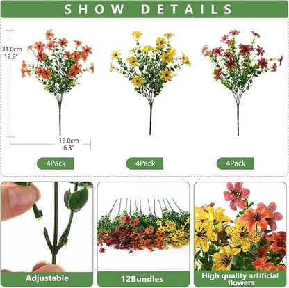 Homsunny Artificial Mums Flowers Outdoors Autumn Decor, Fall Fake Silk Daisy UV Resistant, 12 Bundles Outside Faux Flower Plants for Home Garden Porch Patio Yard Balcony Window (Yellow Brown Orange)