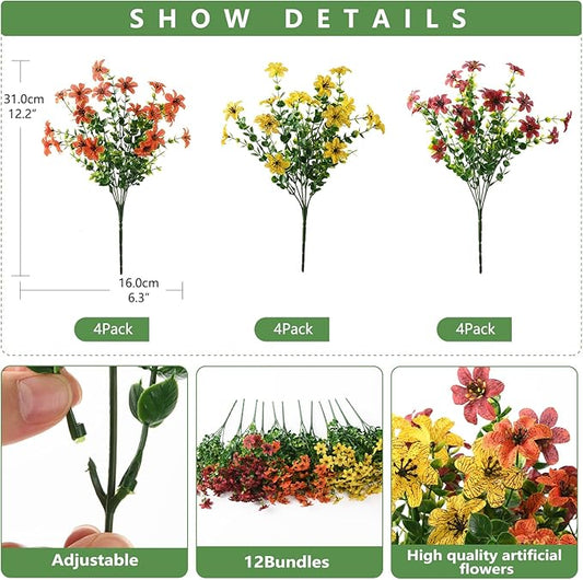Homsunny Artificial Mums Flowers Outdoors Autumn Decor, Fall Fake Silk Daisy UV Resistant, 12 Bundles Outside Faux Flower Plants for Home Garden Porch Patio Yard Balcony Window (Yellow Brown Orange)