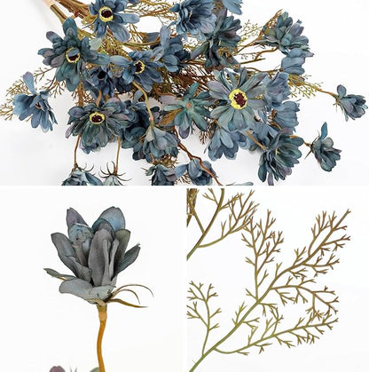 3 Bundles Artificial Daisy Flowers with Branches for Autumn Floral Arrangements, 20" Faux Wildflowers Mums Sprays for Fall Decor, Wedding Centerpieces, Fake Chrysanthemums Silk Flowers in Cyan Blue
