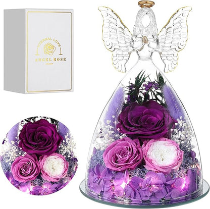 Christmas Rose Gifts for Women Preserved Real Flower in Glass Angel Figurines Roses for Delivery Prime Birthday Gifts for Mom Grandma Girlfriend Wife Her, Purple Austin Roses