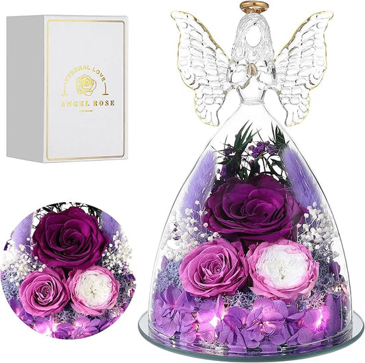 Christmas Rose Gifts for Women Preserved Real Flower in Glass Angel Figurines Roses for Delivery Prime Birthday Gifts for Mom Grandma Girlfriend Wife Her, Purple Austin Roses