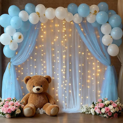 10x8ft Baby Blue Tulle Backdrop Curtain with Lights String for Parites, Sheer Backdrop Curtains for Wedding Baby Shower Birthday Party Photo Shoot Decorations