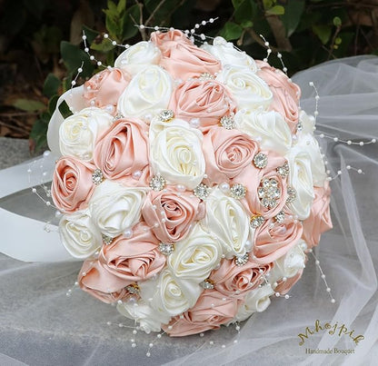 Bridal Wedding Bouquet Round Bling Brooch Bouquet Throw Toss Artificial Rose Flower Bunch for Bride Bridesmaid Wedding Quinceanera(Peach Pink & Ivory, 7.5")