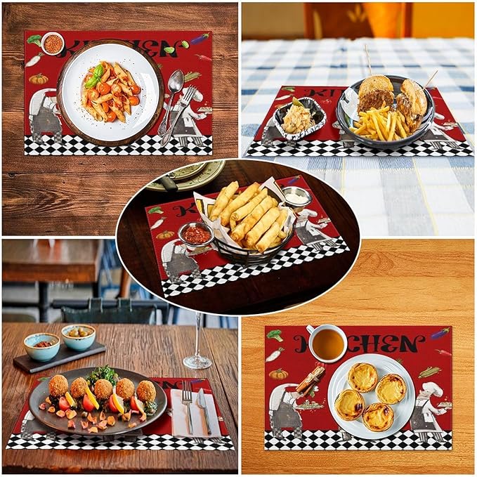 Chef Cooking Placemats Cartoon Rustic Vegetable Fruit Lattice Pastry Fat Chef Carrot Corn Gourmet Cookware Placemats Table Kitchen Dining Party 12x18 Inch Set of 4