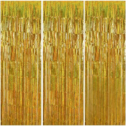 TONIFUL 3Pcs Laser Gold Door Streamers, Metallic Foil Fringe Curtains for Birthday, Christmas, New Year, Bachelorette, Graduation Parties (9.9ft x 6.6ft)
