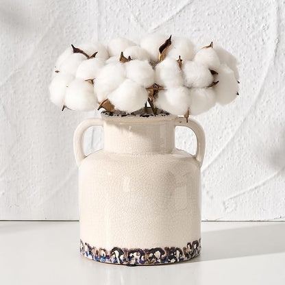 White Ceramic Vase with 2 Handles, 5.83 Inch Cute Retro Ice Cracked Flower Vase, Small Antique Vases for Modern Farmhouse Home Decor, Wedding, Living Room, Table, Shelf Decor, White