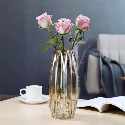 Amber Glass Vase - Modern Tall/Short Ribbed Vase for Flowers & Candles - Amber H11.8" Centerpiece HomeDecor