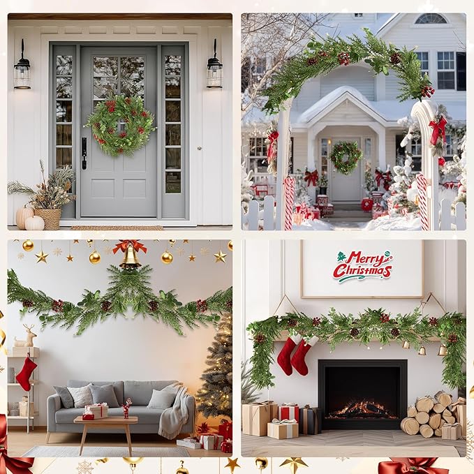 2PCS 9FT Christmas Decorations Cedar Garland, Realistic Soft Pine Wreath, Artificial Green Faux Cedar Pine Garland for Fireplace Mantle Indoor Outdoor Holiday Party Home Decor(2,9FT)