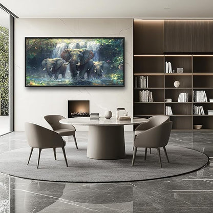 Large Elephant Wall Art for Living Room, Framed Oversized Forest Waterfall Wall Decor, Nature Landscape Canvas Painting Wildlife Artwork for Living Room Dining Room Bathroom Bedroom Office 60"x30"