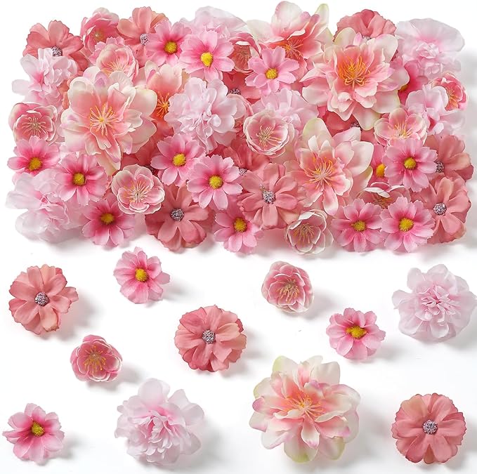 210Pcs Mini Fake Flower Heads Pink Small Silk Faux Flower Heads Artificial Rose Daisy Multicolor Flowers Bulk for Cake Crafts DIY Graduation Cap Wedding Hair Dresses Wreath Party Home Decor