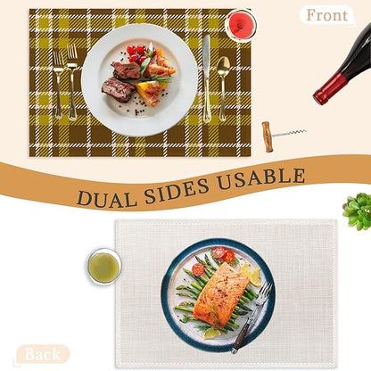 Fall Plaid Placemats Set of 6,Washable Heat Resistant 12×18 Inch Linen Table Mats, Place Mats for Thanksgiving, Christmas, Autumn Dining Decor
