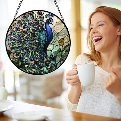 Stained Glass Window Hanging, Blue Green Peacock Decor Suncatcher for Door Garden Home Decoration Bird Sun Catchers Christmas Mother's Day Birthday Gifts for Women Men Mom Nana Friend 6.3 in